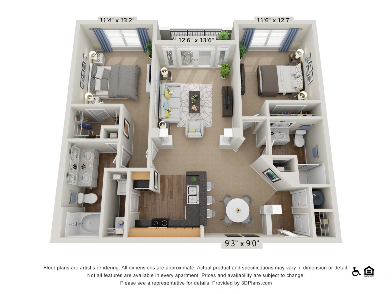 Floor plan for 2 beds, 2 baths, 1130 sqft